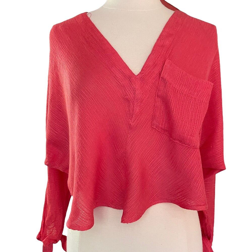 Free People XS Womens Coral V-Neck Dolman‎ Sleeve Rayon HiLo Crop Boho Top FUN